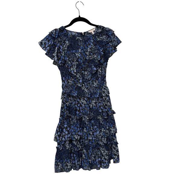 Rebecca Taylor Blue Black Floral Ruffle Silk Ava Mini Dress Size 0 - Picture 2 of 6